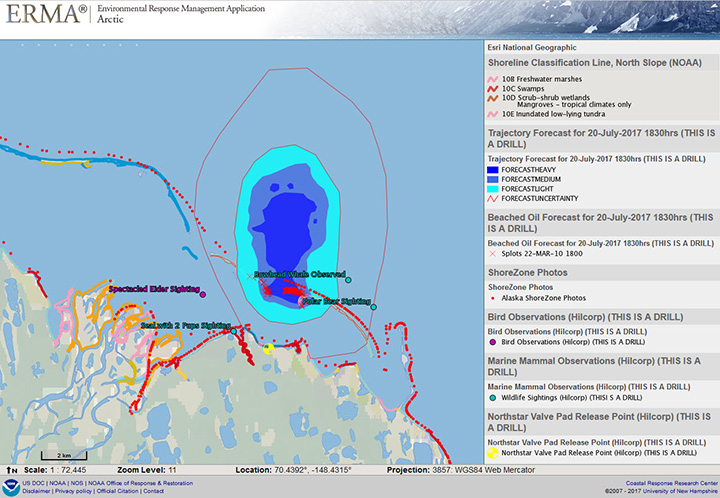 Information visualized on Arctic ERMA during the Mutual Aid Deployment exercise on Alaska's North Slope oil field. Image credit: NOAA.